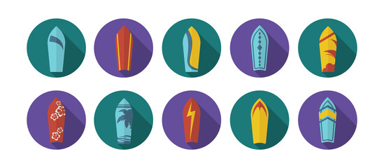 Collection of surfboard flat icons with long shadow. Bundle of surfboarding illustration. Vector.