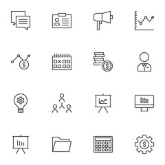 Business and finance line icons set. linear style symbols collection, outline signs pack. Universal business vector graphics. Set includes icons as money, dollar rate, calendar, presentation screen