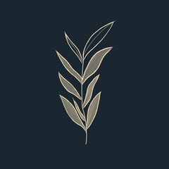 Golden leaf on a dark blue background, floral illustration, hand drawn, line art, modern, decor, frame