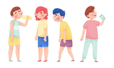 People Characters with Beads of Sweat on Their Forehead Drinking Cool Water from Bottle and Glass Vector Illustrations Set