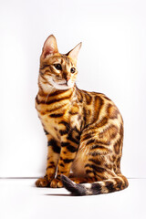 Amazing young bengal cat sitting on white background.