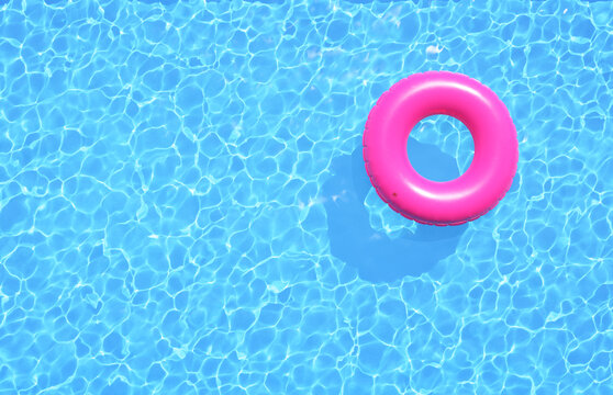 Clear water in swimming pool with pink swimming ring. Top view, 3d illustration