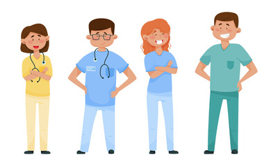 Fototapeta premium Smiling Man and Woman Doctors Wearing Medical Uniform Vector Illustrations Set