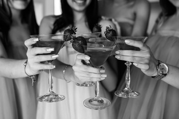 Girls drink champagne and celebrate birthday
