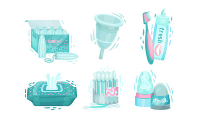 Personal Hygiene Items with Cotton Buds and Wet Wipes Vector Set