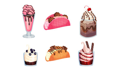 Ice Cream with Chocolate and Creamy Toppings in Waffle and Glass Tub Vector Set