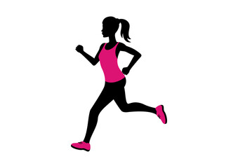 Fototapeta na wymiar Running woman silhouette icon vector. Running woman in pink clothes icon. Attractive fitness girl silhouette. Woman in pink running shoes vector. Jogging slim woman icon isolated on a white background