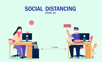 Social Distancing vector illustration. Working from home, remote working. Home office in Coronavirus outbreak. Stay home stay safe. COVID-19