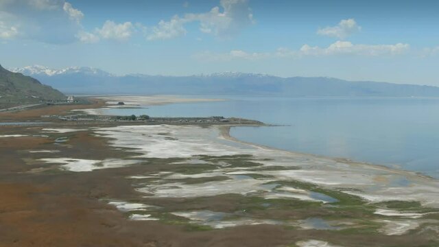 Aerial flying over The Great Salt Lake in Salt Lake City. Utah, USA