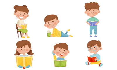Kids in Sitting and Lying Pose Reading Book Vector Illustrations Set
