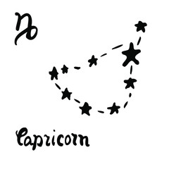 Fototapeta na wymiar The Constellation Of Capricorn vector illustration. Zodiac sign, symbol and calligraphic name drawn by hand on a white background. Doodle style. For horoscopes, postcards, and astrological books.