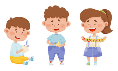 Children Holding Scissors and Doing Paper Craft Vector Illustrations Set