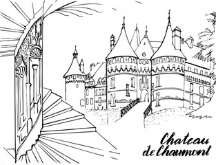 European architecture. The French Chateau of Chaumont sur Loire . Construction of the Renaissance. An illustration for a book or a page for coloring. Vector.inscription on the drawing is Chaumont cast
