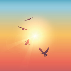 flying birds in sunny colorful sky vector illustration EPS10