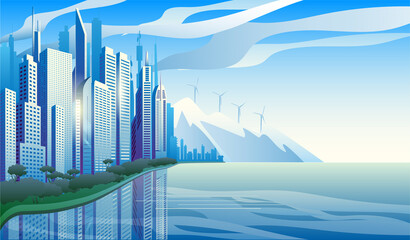 City of the future skyscrapers at dawn. City on the background of mountains withwind generators. Vector horizontal illustration.