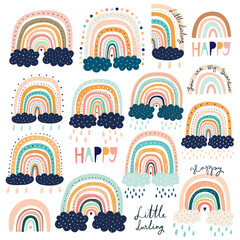 Abstract colorful trendy summer rainbows with clouds. Vector illustrations. Summer colorful pattern design. Funny rainbows for Party decoration 