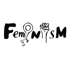 Obraz premium Vector handwritten lettering FEMINISM black ink on white. Logo. Feminism - The international political movement for women's rights. Handwritten Lettering