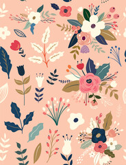 Beautiful flower seamless pattern with roses, leaves, flower compositions.	