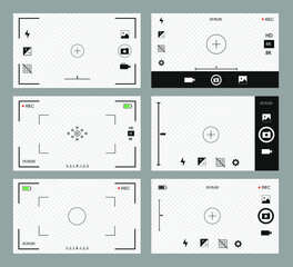 Set Camera frame viewfinder screen of video recorder digital display. Transparent background. Vector illustration EPS10