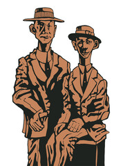 Two caricature retro gentlemen in hats. Hand drawn sketch style. Vector illustration