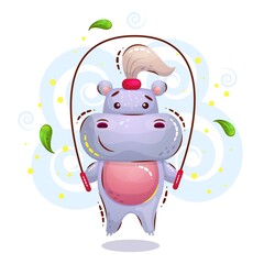 Cute girl hippo is engaged in sports and jumps on a rope. Vector flat illustration for children in the style of cartoon.