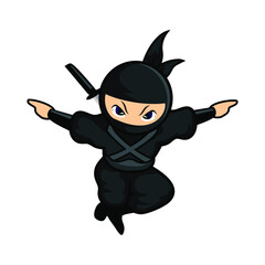 black cartoon ninja jumping like an eagle use hands as a wings
