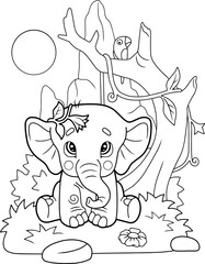cartoon little cute elephant sits on grass, coloring book, funny illustration
