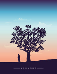 couple in love stands under a big tree at sunset vector illustration EPS10