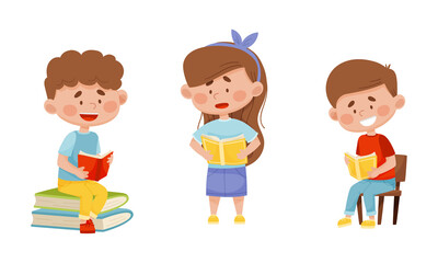 Kids in Sitting and Standing Pose Reading Book Vector Illustrations Set
