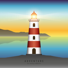 shining lighthouse in the night by the sea vector illustration EPS10