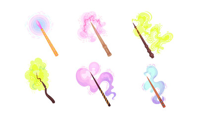 Magic Wands with Fairy Dust and Glow Swirling Around Vector Set