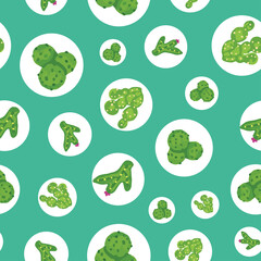Cute cactus and circles seamless pattern on green background