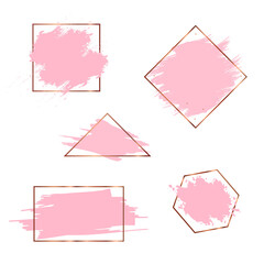 Set of pink brush strokes in gold frames isolated on white. Vector illustration EPS 10. Square, triangle, rectangle and rhombus frames with pastel pink brush or pencil strokes within.