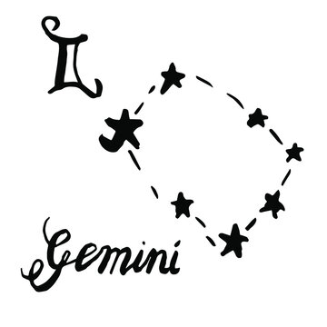 The Constellation Of Gemini vector illustration. Zodiac sign, symbol and calligraphic name drawn by hand on a white background. Doodle style. For horoscopes, postcards, and astrological books.