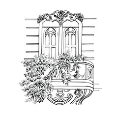 Fototapeta premium European architecture. An old window with a balcony covered with greenery. Fragment of a romantic house in Bordeaux. French classicism. illustration for a book or a page for coloring. Vector sketch.