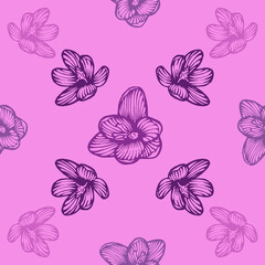 Saffron, Saffron flowers. Seamless pattern. Vintage botanical hand drawn engraving vector illustration. Floral texture. Illustration for fabric, phone case, wrapping paper, textile, wallpaper