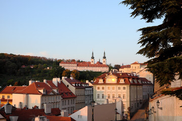 Fototapeta na wymiar Old Prague street and stairs leading to the Strahov Monastery.