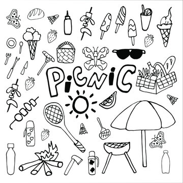 Collection of vector illustrations on the theme of the summer holidays. Summer picnic doodle set. Various meals, drinks, objects, sports activities. Isolated over white background.