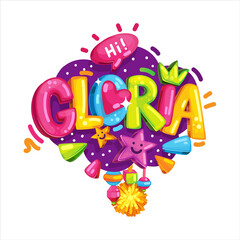 Gloria color baby name inscription. vector color kids illustration - obrazy, fototapety, plakaty