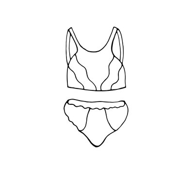 Lingerie for website design. Vector isolated illustration with panties and bra in Doodle style. Cartoon style. Symbol of femininity. Design of ads, websites, and banners. An isolated element.
