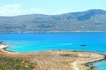 Greece Crete. Beautiful sea coast of Gramvousa island. Bird's eye view for sea and mountains. Postcard, offer or advertisement for travelers.