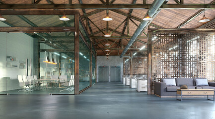 Office interior with rest area. 3d illustration