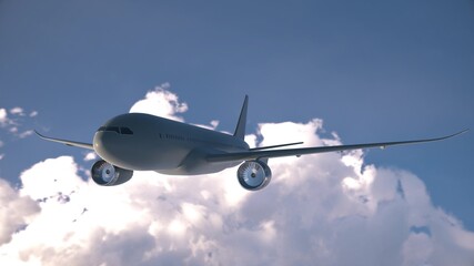 Plane flying above the clouds, passenger airplane in flight. 3d rendering