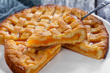 slices of apricot shortcrust pie, top view