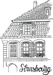 European architecture. The roof of a house in the French city of Strasbourg. Old roof. Tiled roof. Vector illustration. Coloring book for children and adults.