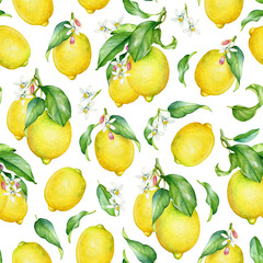 Seamless pattern with watercolor lemon fruits with leaves and flowers