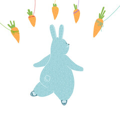 Cute blue hare. Hare with carrots on a white background