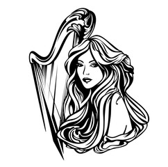 beautiful woman with long hair and harp musical instrument - classical music muse art nouveau style black and white vector portrait