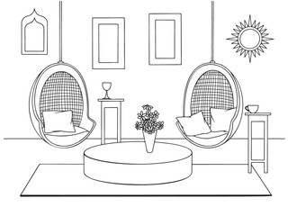 Sketch a cozy living room in boho style. Suspended chairs and various decorative elements. Vector illustration