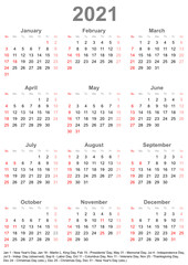 Einfacher Kalender 2021 mit gesetzlichen Feiertagen und Wochenstart Sonntag für die USA